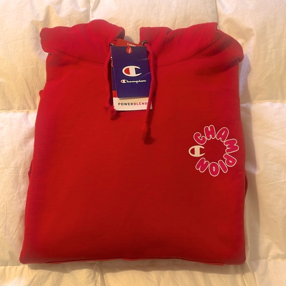 NWT champion hoodie red pink & white 2xl loose powerblend.